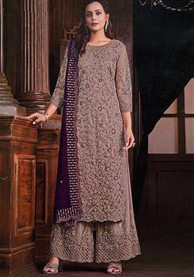 Brown Sequin Embroidered Butterfly Net Kurta Set