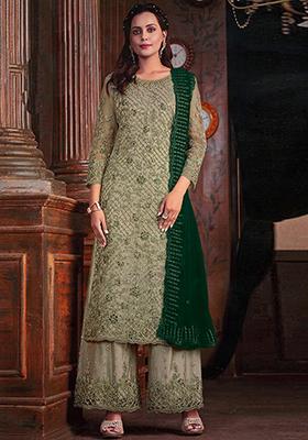Pista Green Sequin Embroidered Butterfly Net Kurta Set