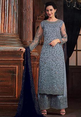 Blue Sequin Embroidered Butterfly Net Kurta Set