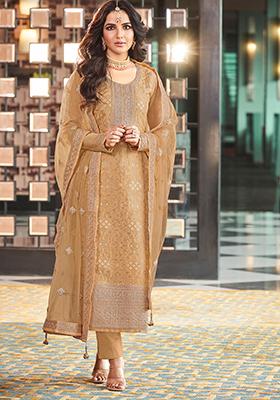 Light Peach Embroidered Dola Jacquard Kurta Set