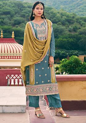 Blue Sequin Embroidered Chinon Kurta Set