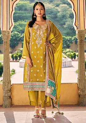 Yellow Sequin Embroidered Chinon Kurta Set