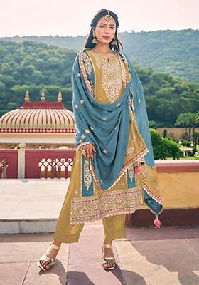Light Yellow Sequin Embroidered Chinon Kurta Set