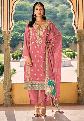 Pink Sequin Embroidered Chinon Kurta Set