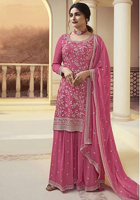Dark Pink Sequin Embroidered Chinon Kurta Set