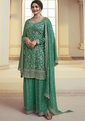 Rama Green Sequin Embroidered Chinon Kurta Set