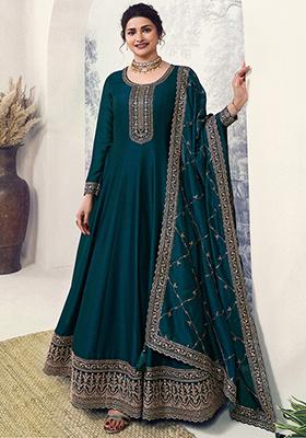 Teal Sequin Embroidered Silk Anarkali Set