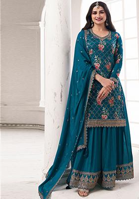 Teal Sequin Embroidered Chinon Sharara Set
