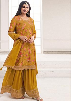 Mustard Sequin Embroidered Chinon Sharara Set