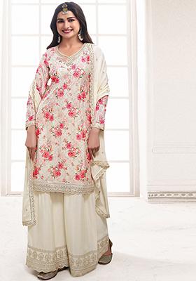 White Sequin Embroidered Chinon Sharara Set