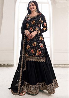 Black Sequin Embroidered Chinon Sharara Set
