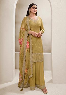 Light Yellow Sequin Embroidered Viscose Chinon Kurta Set