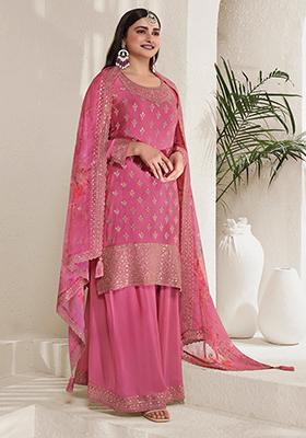 Pink Sequin Embroidered Viscose Chinon Kurta Set