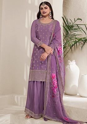 Stone Purple Sequin Embroidered Viscose Chinon Kurta Set
