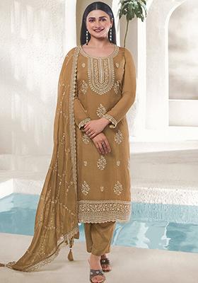 Light Brown Sequin Embroidered Organza Silk Kurta Set