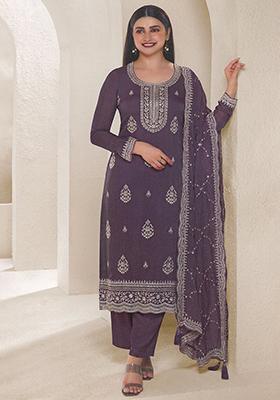 Wine Sequin Embroidered Organza Silk Kurta Set