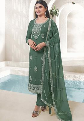 Dark Green Sequin Embroidered Organza Silk Kurta Set