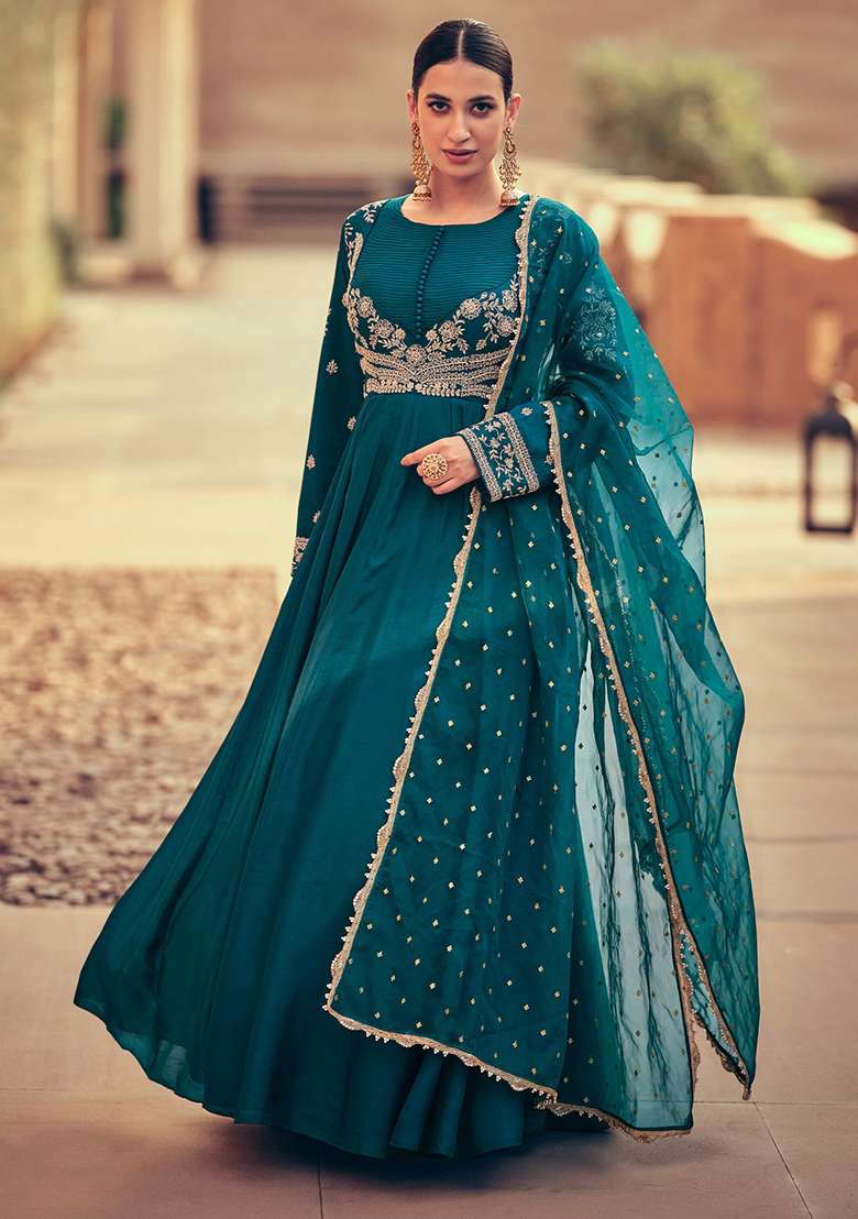 Teal Embroidered Chinon Anarkali Set - Indya