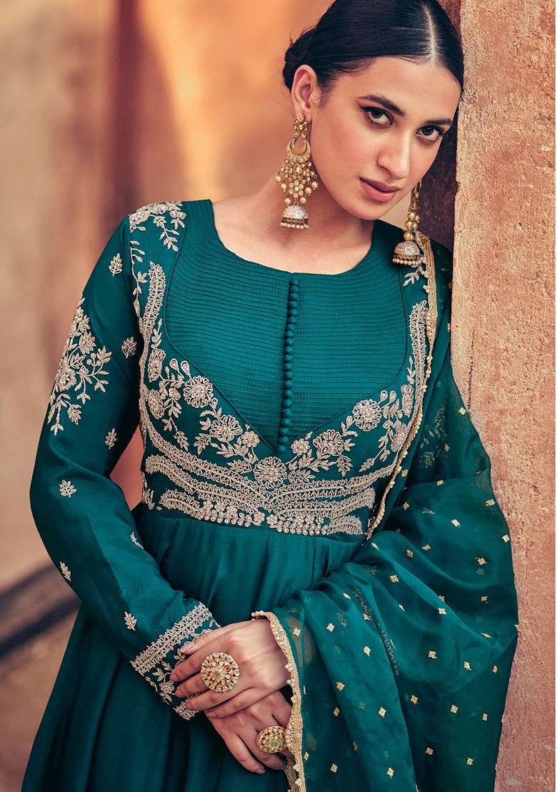 Teal Embroidered Chinon Anarkali Set - Indya