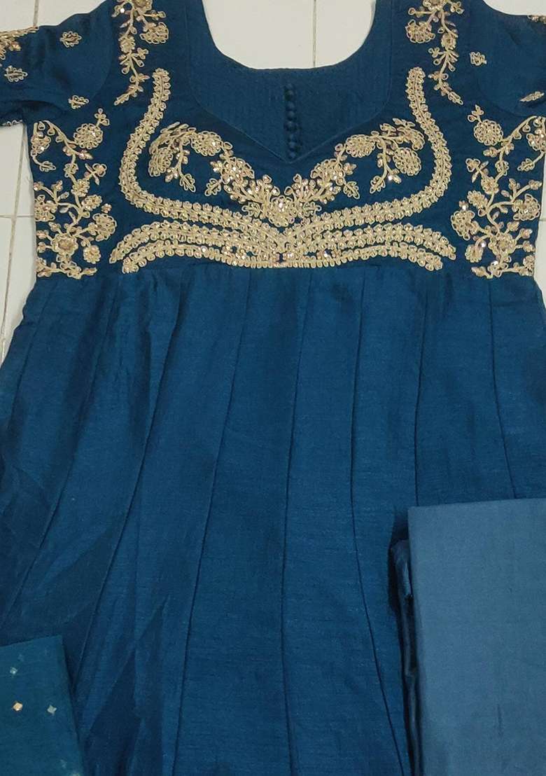 Teal Embroidered Chinon Anarkali Set - Indya