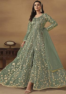 Sea Green Sequin Embroidered Butterfly Net Anarkali Set