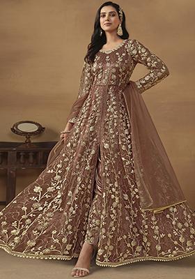 Brown Sequin Embroidered Butterfly Net Anarkali Set