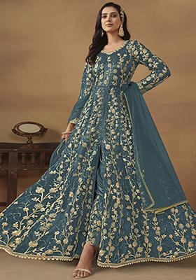 Teal Blue Sequin Embroidered Butterfly Net Anarkali Set