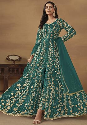 Teal Green Sequin Embroidered Butterfly Net Anarkali Set