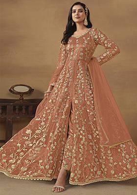 Dark Peach Sequin Embroidered Butterfly Net Anarkali Set