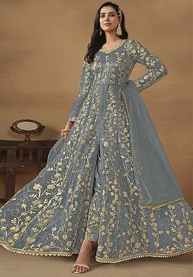 Grey Sequin Embroidered Butterfly Net Anarkali Set