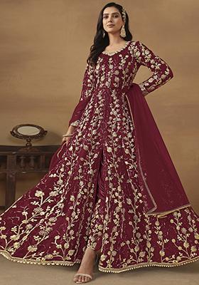 Maroon Sequin Embroidered Butterfly Net Anarkali Set