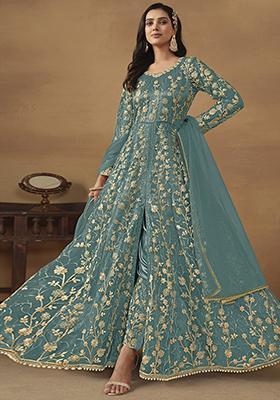 Blue Sequin Embroidered Butterfly Net Anarkali Set