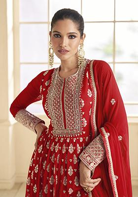 Red Sequin Embroidered Georgette Anarkali Set