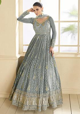 Grey Sequin Embroidered Viscose Jacquard Anarkali Set