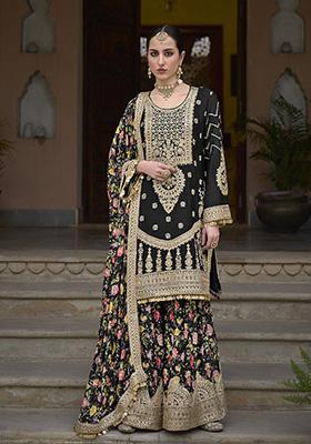 Black Sequin Embroidered Chinon Sharara Set