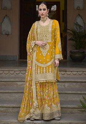 Yellow Sequin Embroidered Chinon Sharara Set