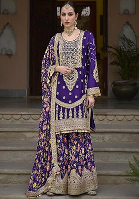 Purple Sequin Embroidered Chinon Sharara Set