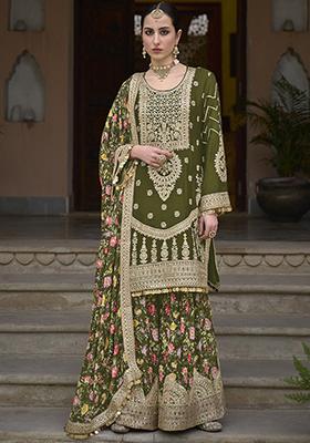 Olive Green Sequin Embroidered Chinon Sharara Set