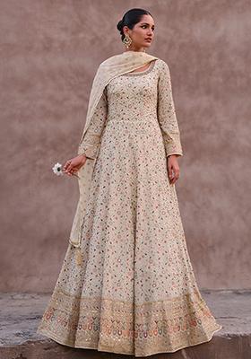 Off White Sequin Embroidered Faux Georgette Anarkali Set