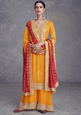 Mustard Sequin Embroidered Chinon Silk Kurta Set
