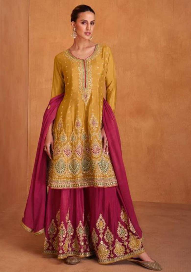 Mustard Sequin Embroidered Silk Sharara Set - Indya