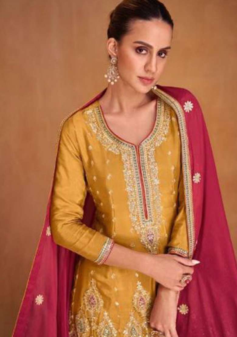 Mustard Sequin Embroidered Silk Sharara Set - Indya