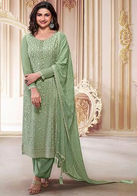Pista Green Sequin Embroidered Chinon Silk Kurta Set
