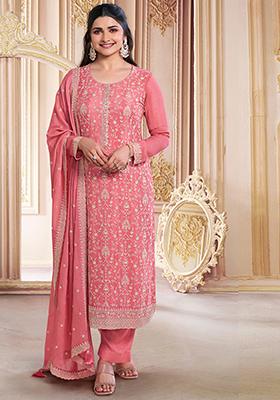 Pink Sequin Embroidered Chinon Silk Kurta Set
