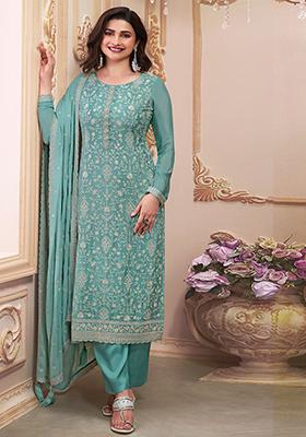 Blue Sequin Embroidered Chinon Silk Kurta Set