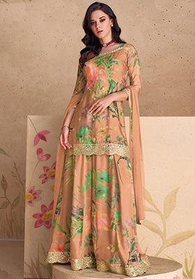 Peach Sequin Embroidered Chinon Kurta Set