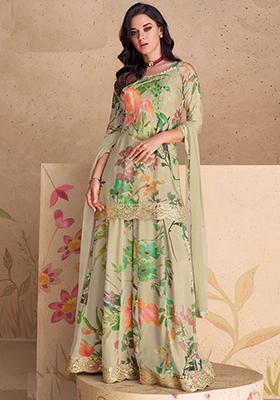 Beige Sequin Embroidered Chinon Kurta Set