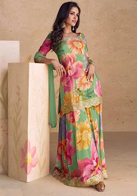 Multicolor Sequin Embroidered Chinon Sharara Set