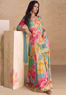 Multicolor Sequin Embroidered Chinon Sharara Set