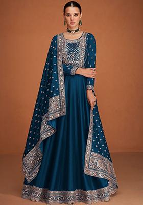 Teal Blue Sequin Embroidered Silk Anarkali Set